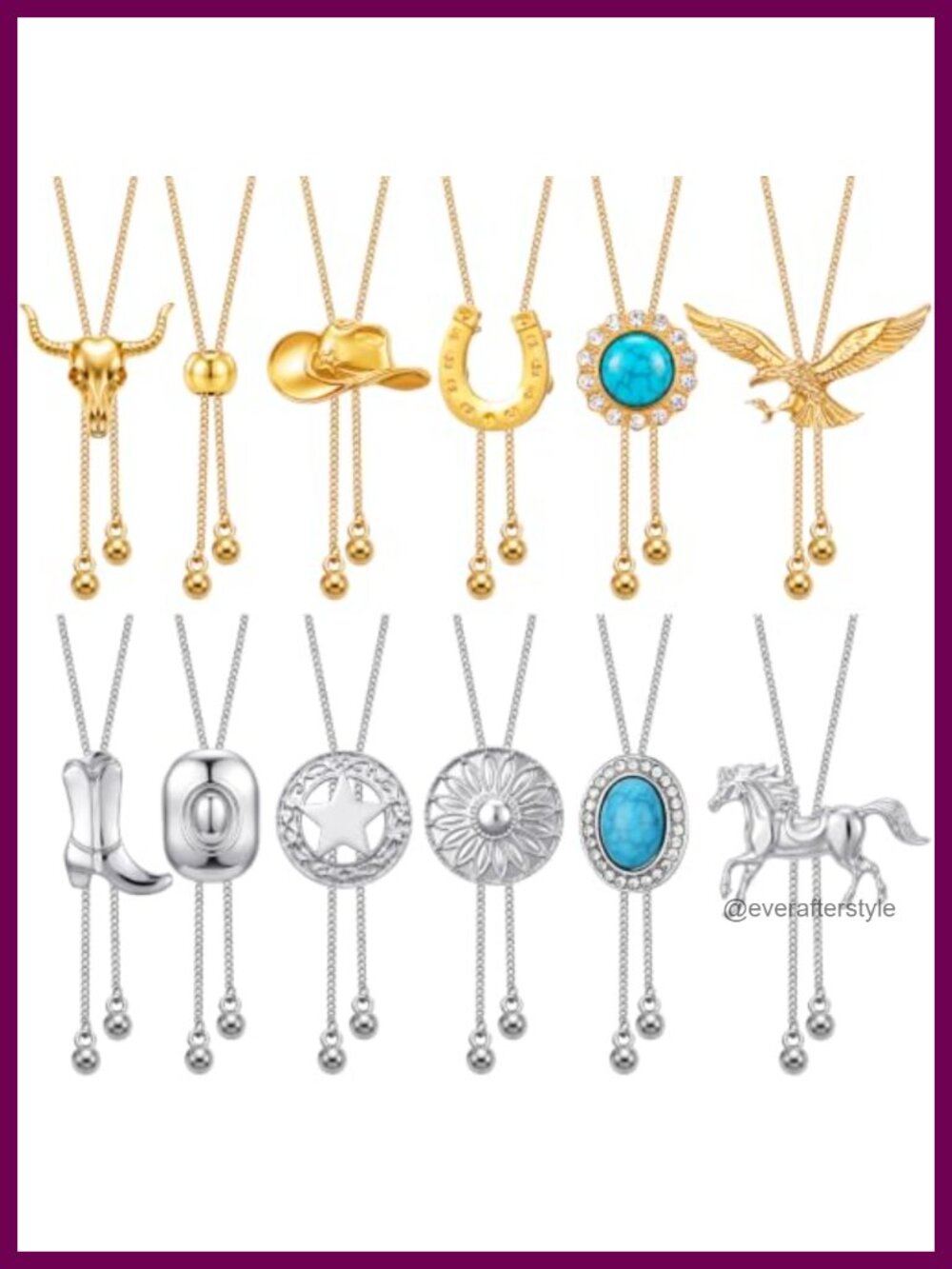 Western Bolo Tie Necklace Set Women Adjustable Lariat Y Pendant Alloy Slider 12